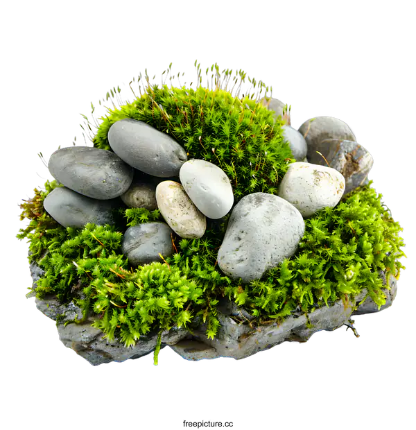 [Transparent Background PNG]Green Moss and Stones on a White Background
