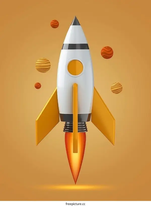 3D illustration of a rocket ship launching into space with planets in the background