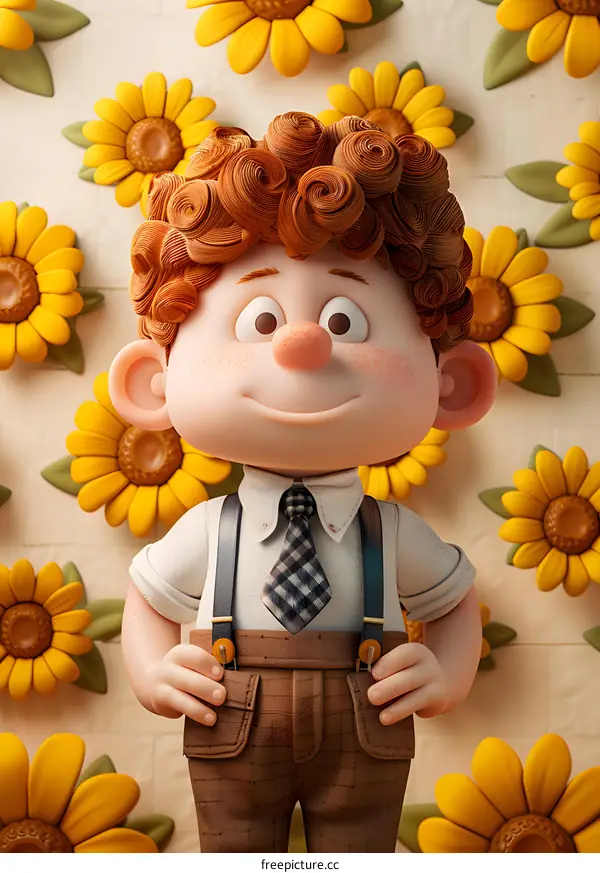 3D illustration of a boy with curly red hair and freckles wearing a shirt and tie
