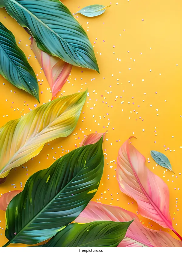 Tropical Leaf Background with Yellow and Pink Leaves