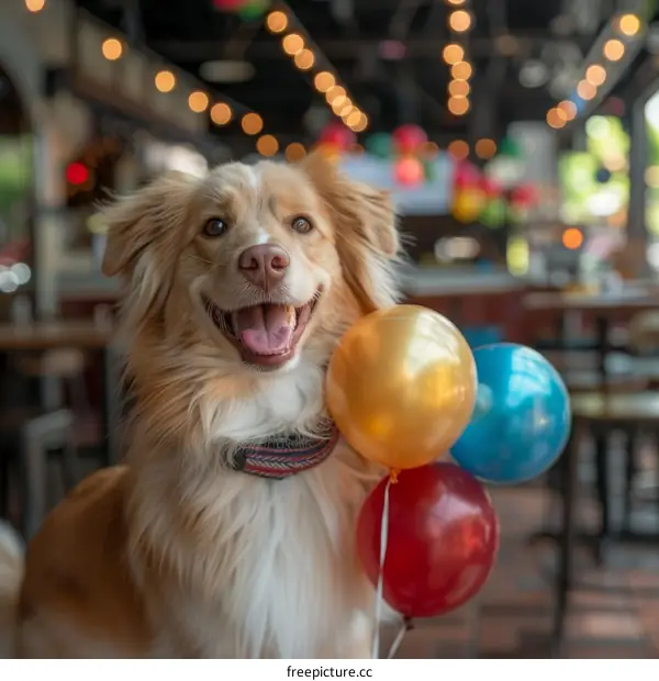 A fluffy dog with colorful balloons in its mouth