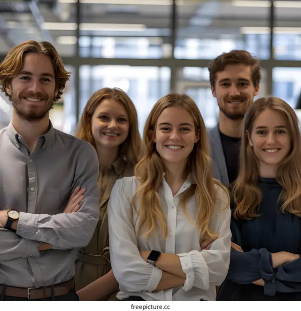 portrait of five smiling young business professionals