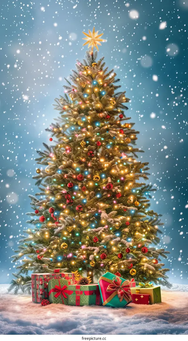 Christmas tree with presents under the snow