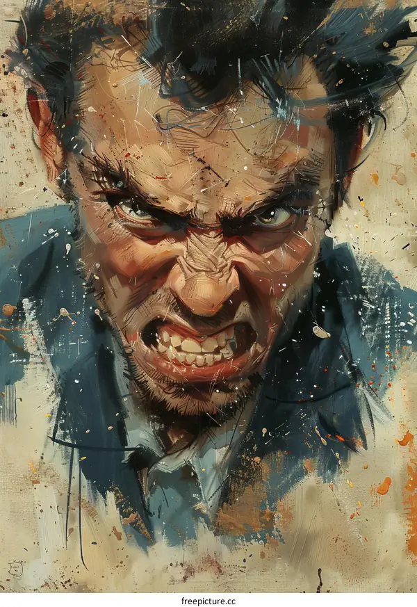 A painting of a mans face with a snarl expression