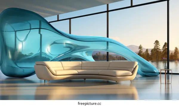 Modern Living Room with Blue Glass Sculpture and Cream Sofa