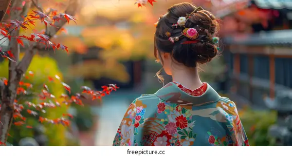 A Woman in a Kimono Admires the Autumn Colors