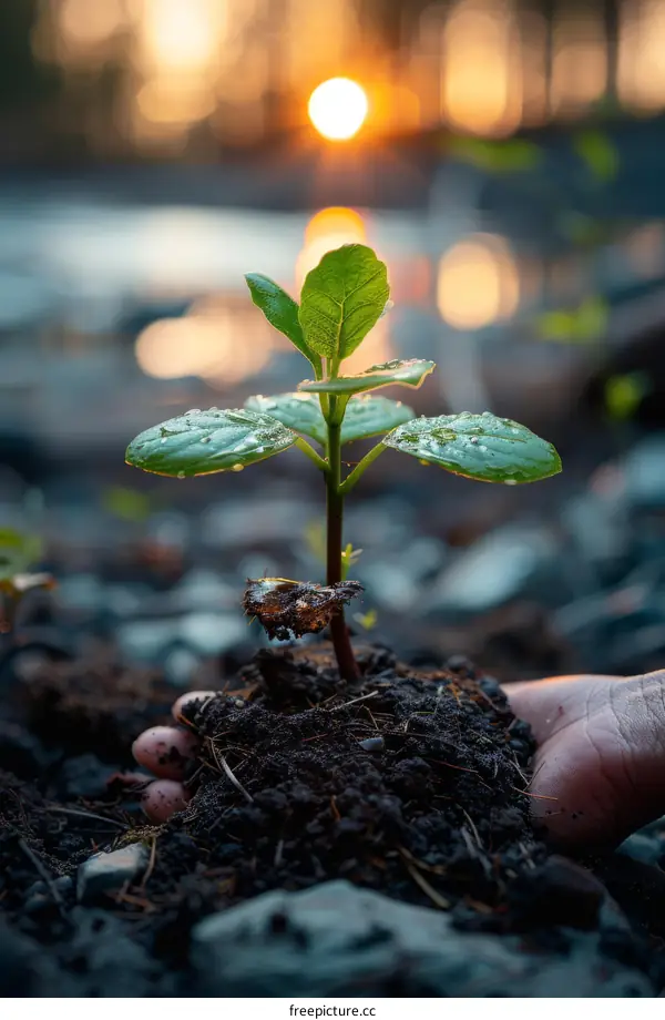 A hand holding a small plant with green leaves in the soil with a sunset in the background