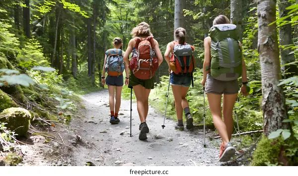 Four Women Hiking in a Forest