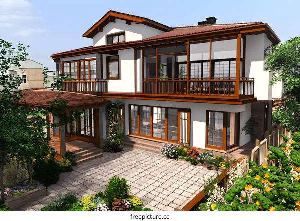 Traditional White House with a Large Garden and Patio