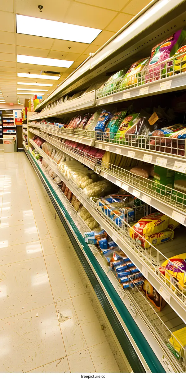 Grocery Store Aisle with Shelves Full of Food Products