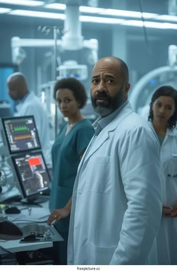 Black man and woman in lab coats looking at a computer screen