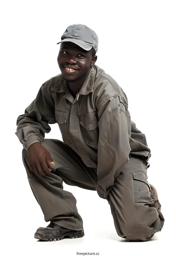 African Man in Workwear Kneeling