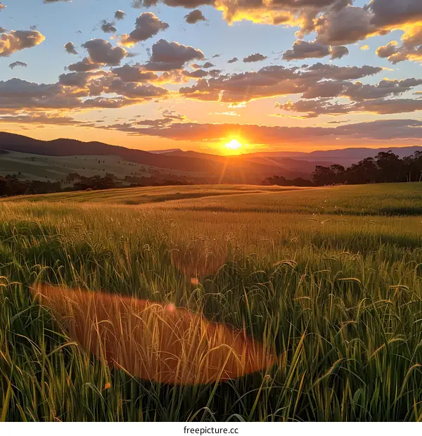 The sun sets over a lush green field of wheat.