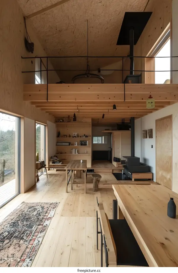 Modern Minimalist Wood Cabin Interior Design With Open Floor Plan