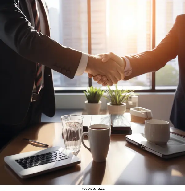Businessmen shaking hands in an office with a cityscape in the background