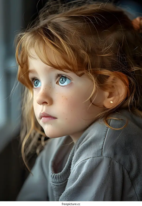 Portrait of a young girl with red hair and blue eyes