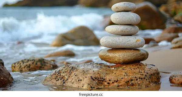 Serene Stone Stack on Tranquil Beach with Calming Seascape