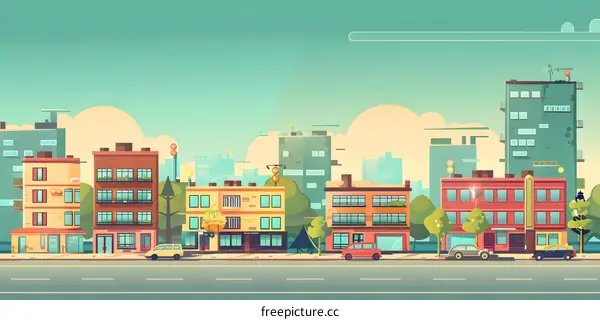 Cartoon Cityscape Illustration With Buildings And Trees