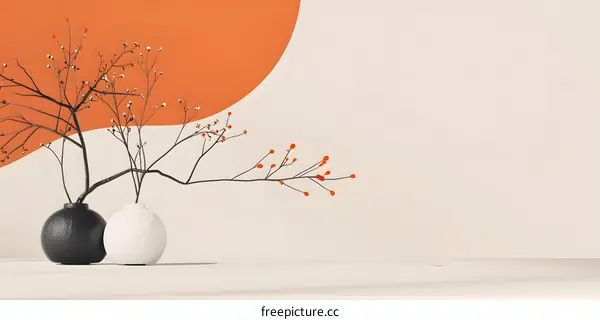 Minimalist Arrangement of Black and White Vases with Orange Background