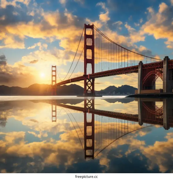Golden Gate Bridge at sunset reflecting in calm water
