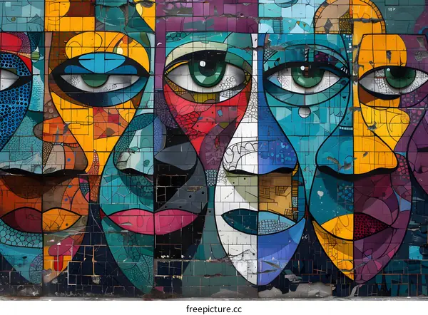 Colorful mosaic mural of human faces