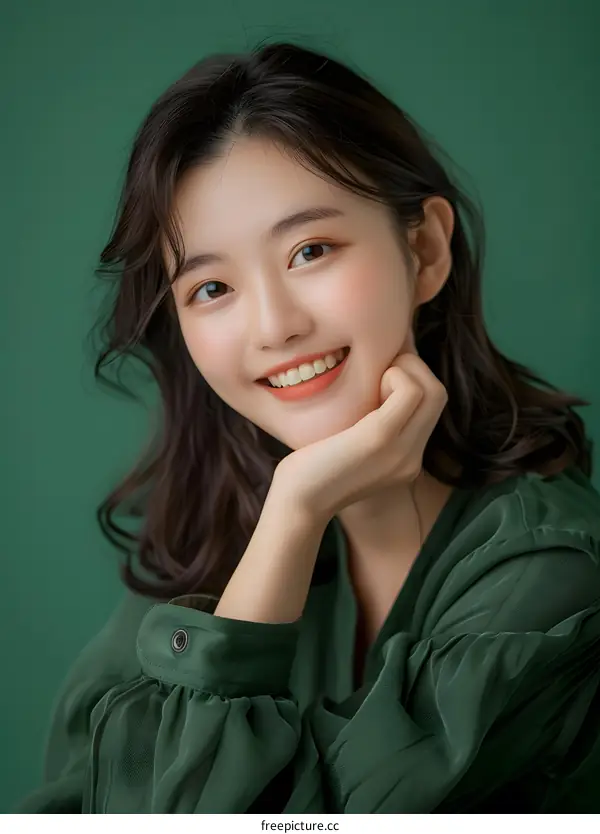 Portrait of a Smiling Young Asian Woman in Green
