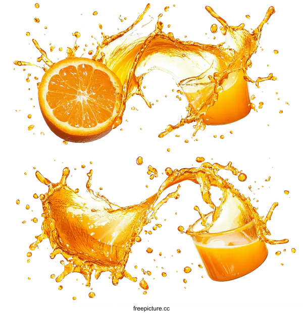 [Transparent Background PNG]Orange Juice Splashing and Fresh Fruit
