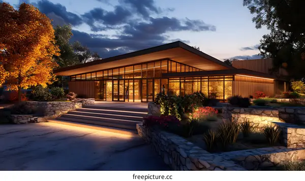 Modern House with Stone Walls and Glass Windows