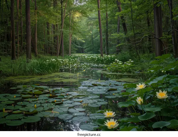 Lotus Blooms by the Water in Mystical Forest