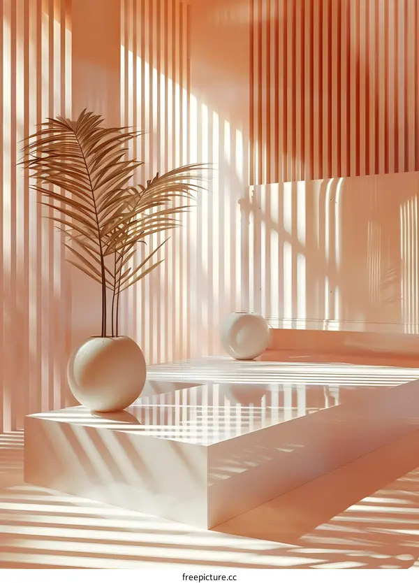 Minimalist Peach Interior Design with Palm Plant and White Vases