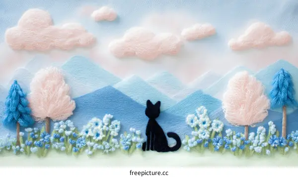 Hand-embroidered Scene of a Black Cat in a Meadow Landscape