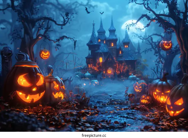 Spooky Halloween Night: Haunted House with Scary Pumpkins and Bats