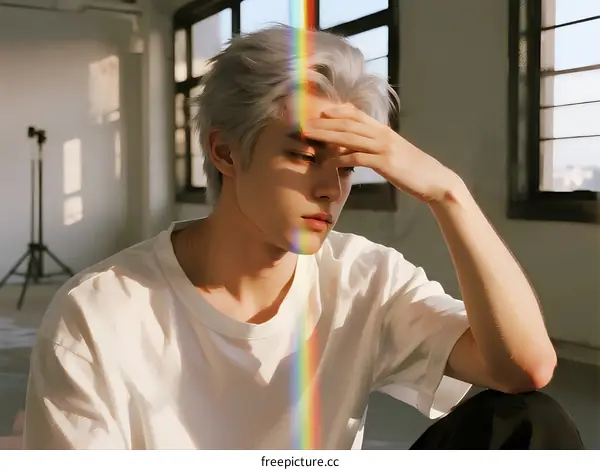 A Young Man with Silver Hair Sitting Indoors with Hand on Forehead