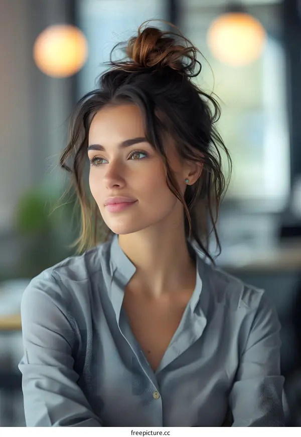 portrait of a beautiful young woman with brown hair and blue eyes