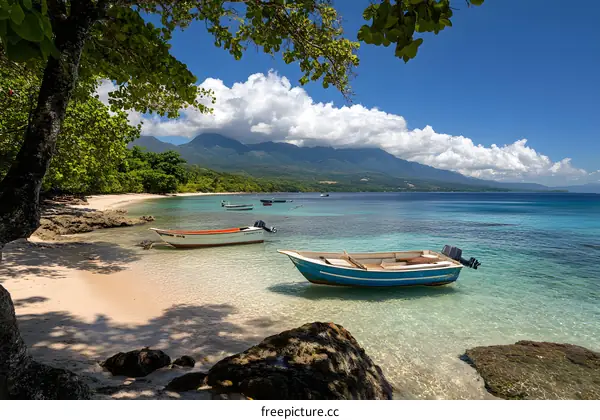 Tropical Beach with Boats and Mountains