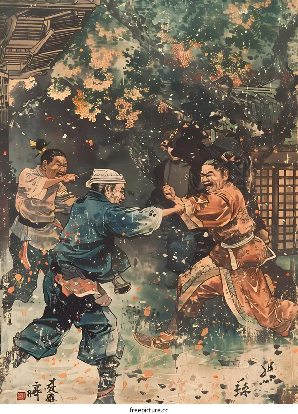 A fierce fight between two men in a courtyard
