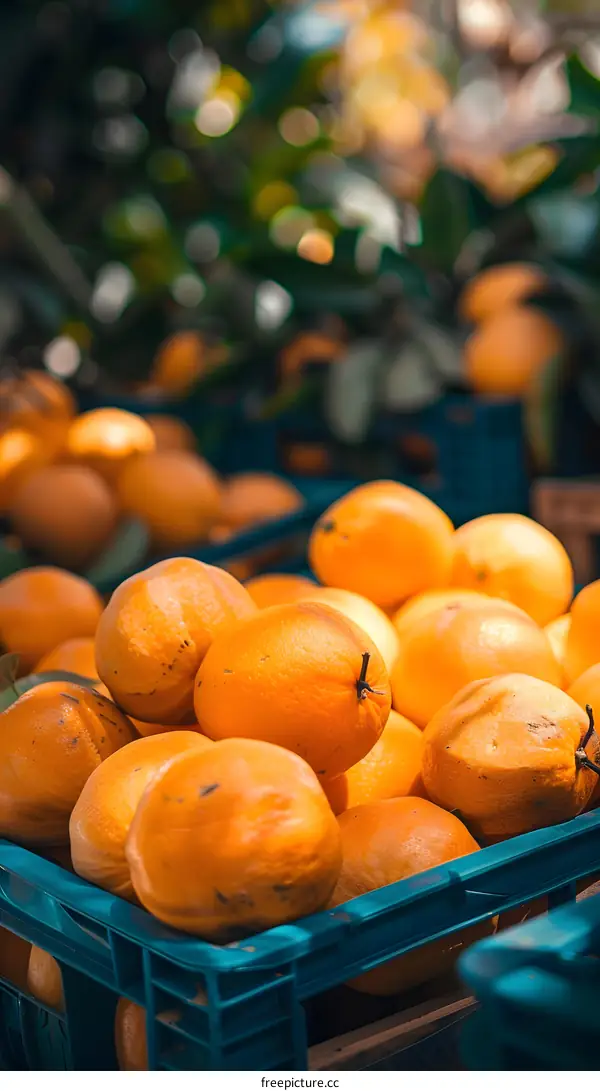 Closeup of Fresh Ripe Oranges in a Blue Crate