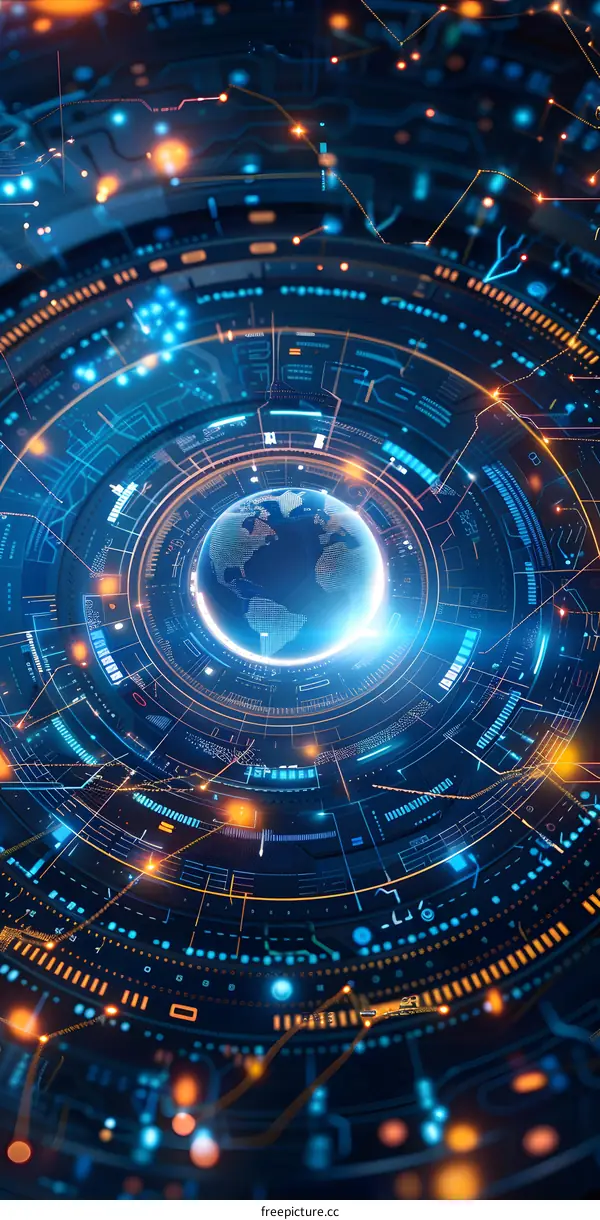 Blue and orange technology background with a globe