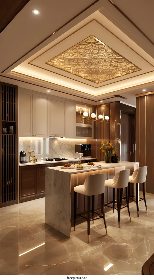 An elegant kitchen with a marble island and gold accents