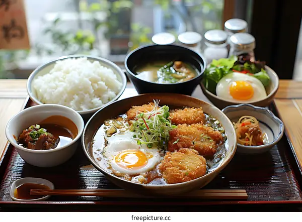 A delicious Japanese meal with fried fish, rice, miso soup, and pickled vegetables