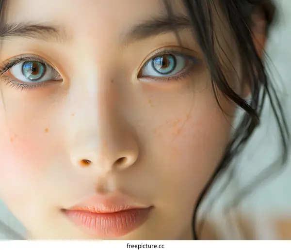 Close Up Portrait of a Young Woman with Blue Eyes and Freckles