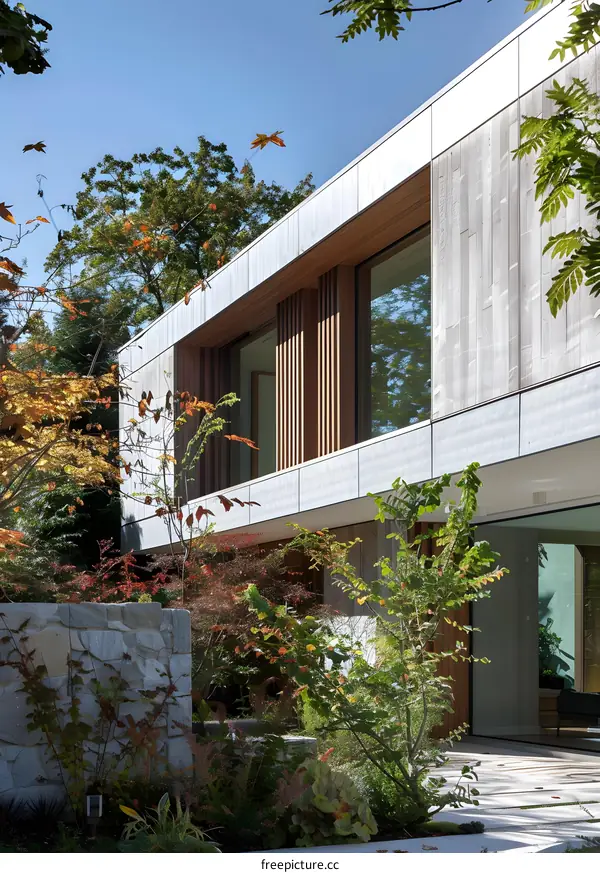 Modern House Exterior with Stone Wall and Landscaping