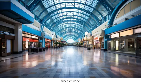 An empty shopping mall with a glass roof