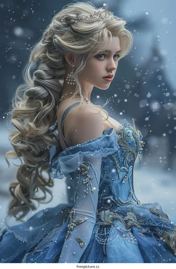 A woman in a blue dress standing in the snow