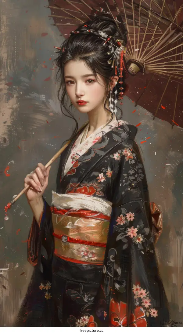 Beautiful Asian Woman in Traditional Kimono Holding an Umbrella