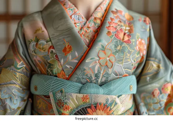 Close up of a woman wearing a kimono with floral embroidery