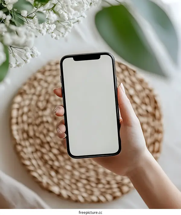 White Screen Smartphone Mockup with White Flowers and  Wicker Mat