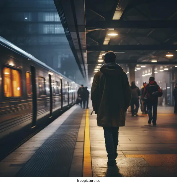 Man walking alone in a subway station at night