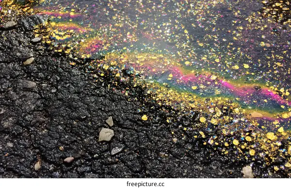 Colorful Oil Slick on Cracked Asphalt Surface