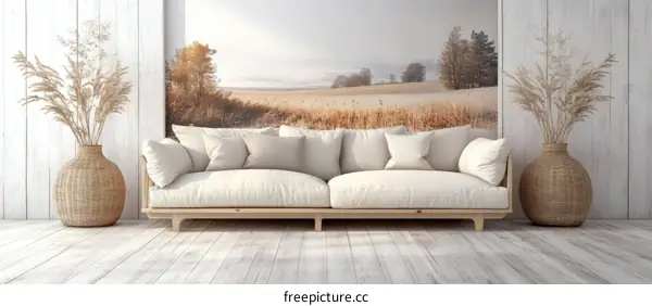 Modern Minimalist Living Room with Autumnal Landscape Mural